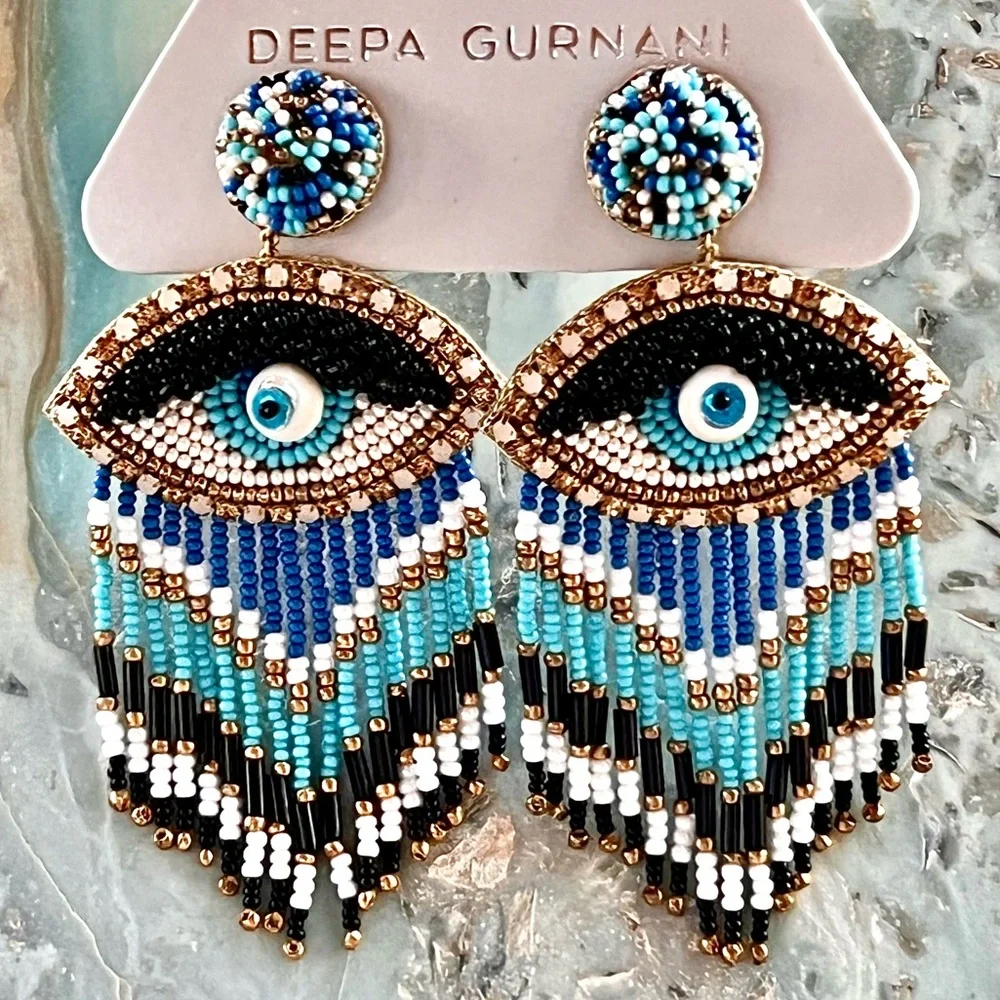 NWT Deepa Gurnani Beaded Fringe Chandeliers - Picture 2 of 16